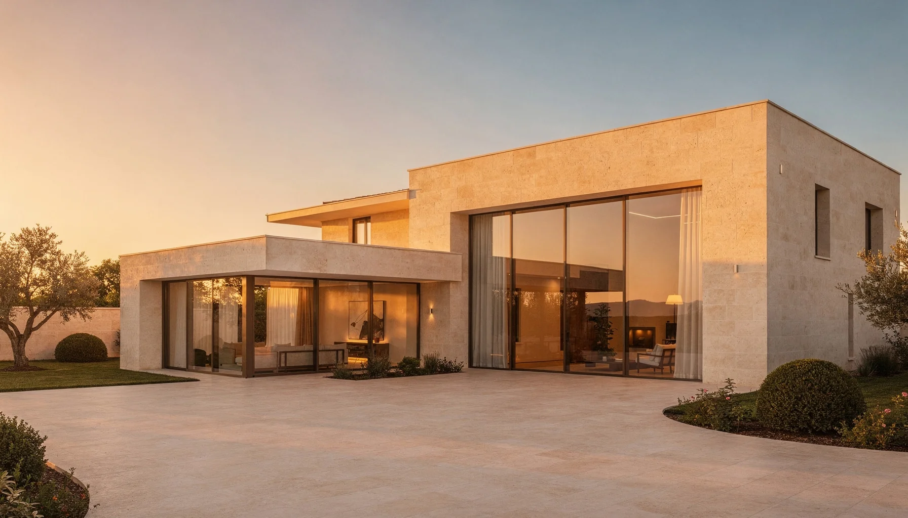 Maison contemporaine au coucher du soleil